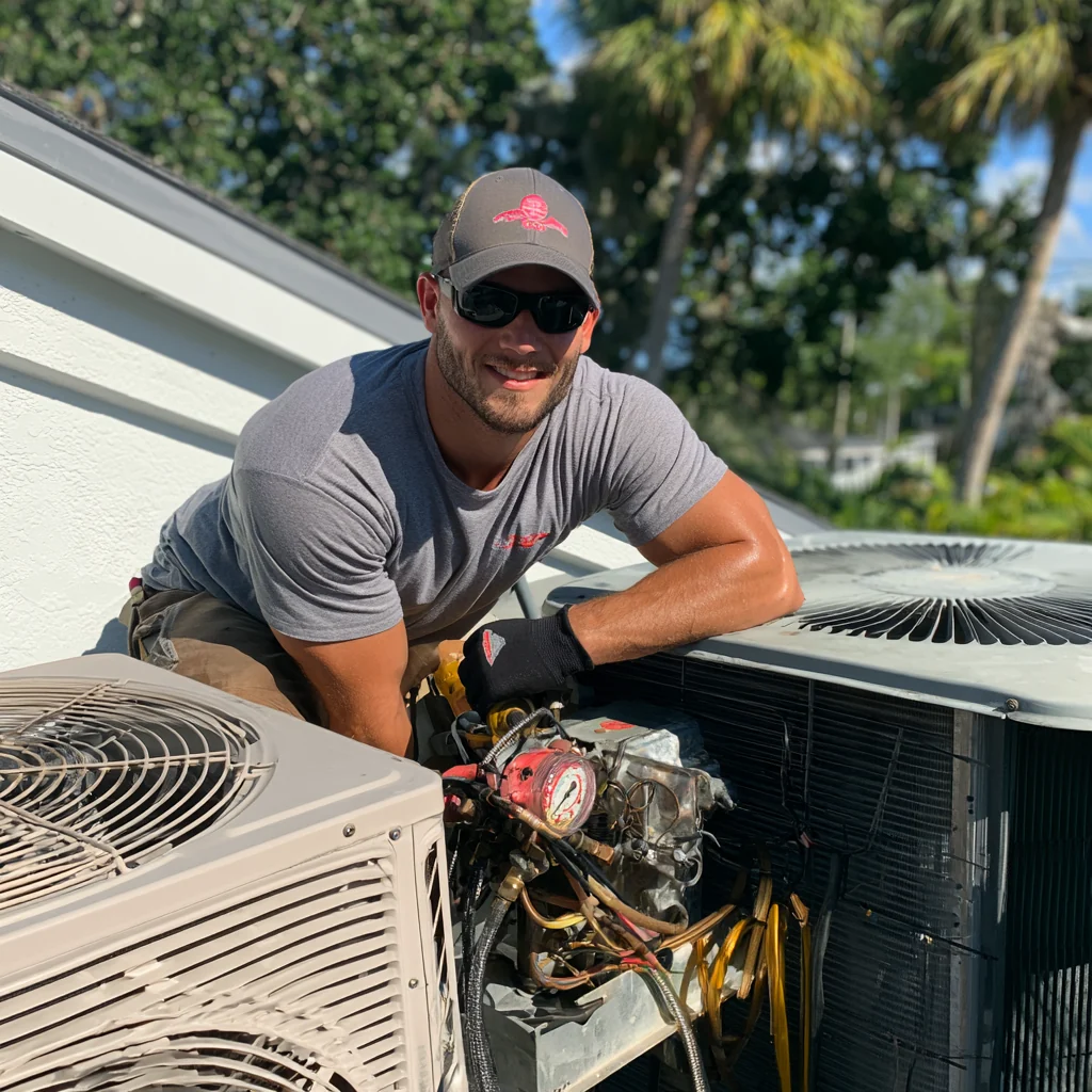 Service work beside open residential air conditioning equipment