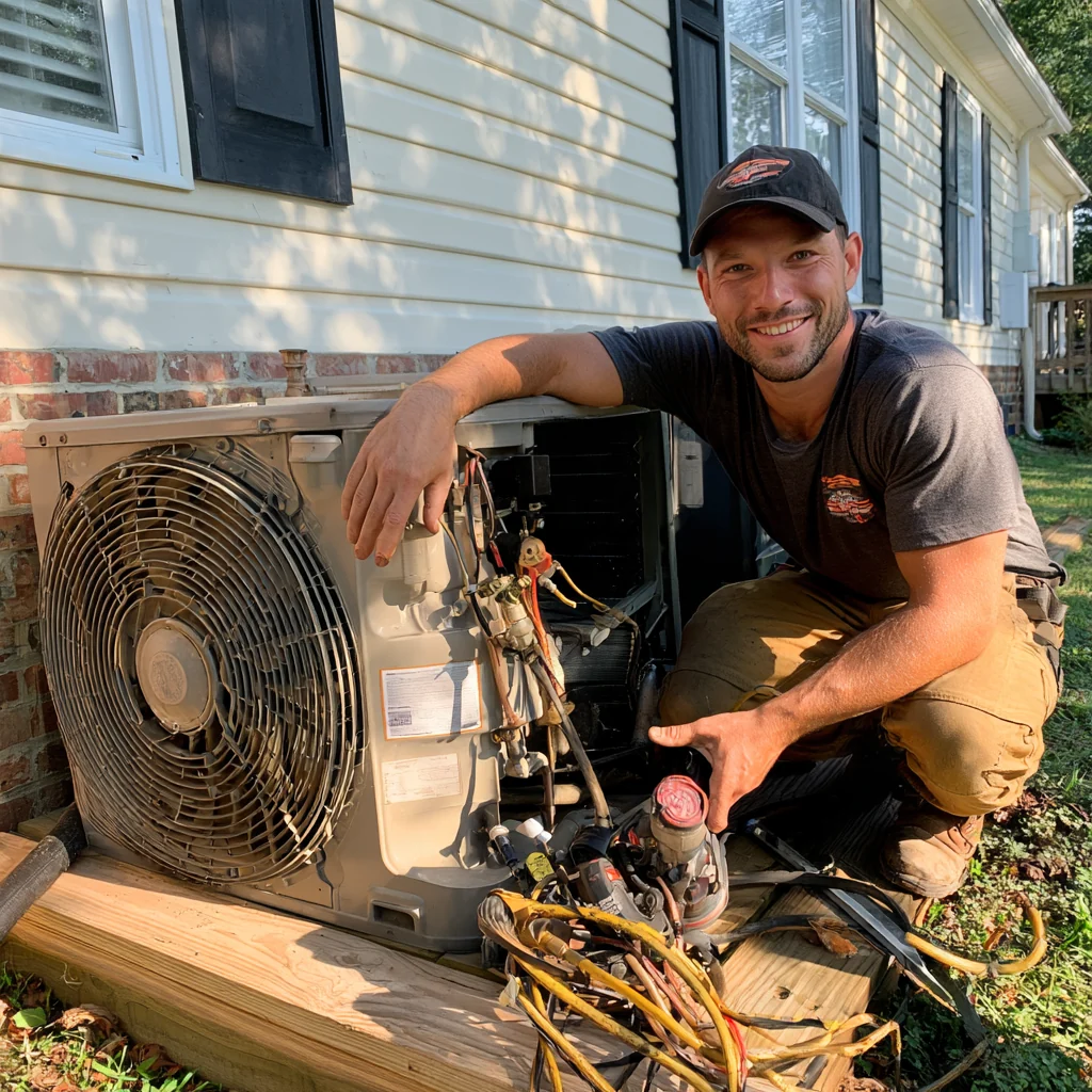 A person beside open outdoor HVAC equipment and service gauges