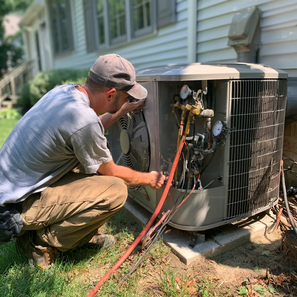 Checking connections and gauges on an outdoor HVAC system